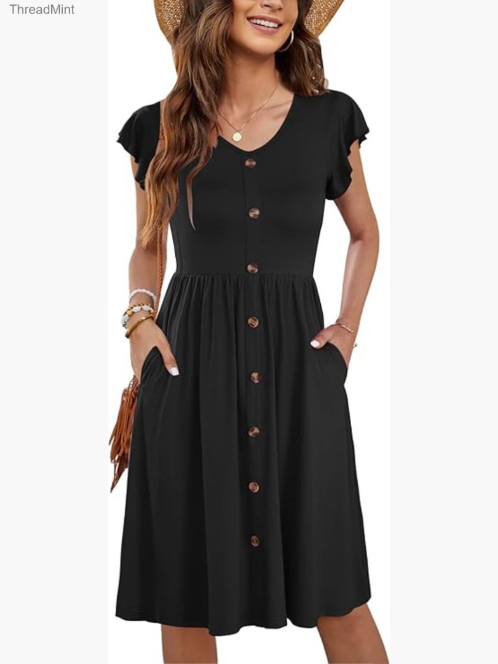 Casual Loose Cap Sleeve Sundress Swing Button Down Dress Summer